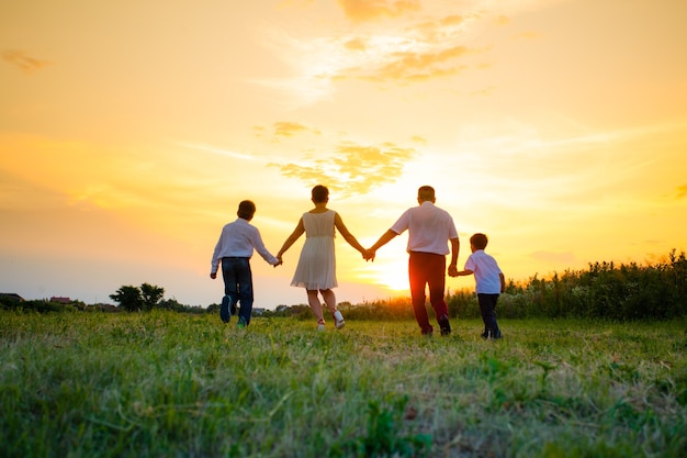 Mother, father and two sons walk in the field and spend the sun, view from back