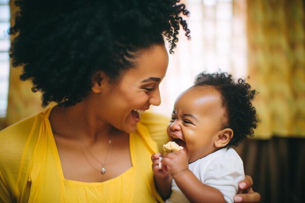 Photo mother feeding smiling daughter at home