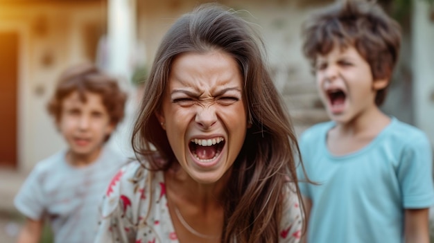 Foto la madre si arrabbia con i figli.