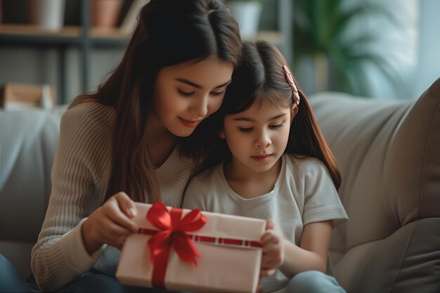 어머니 와 소녀 가 선물 카드 를 읽는 것