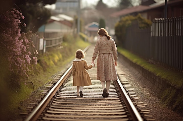 お母さんと女の子がレールの上を歩く Generate Ai