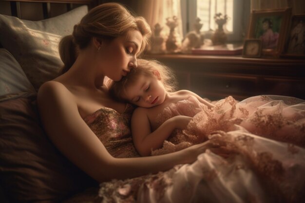 Photo mother and girl with dresses on a bed