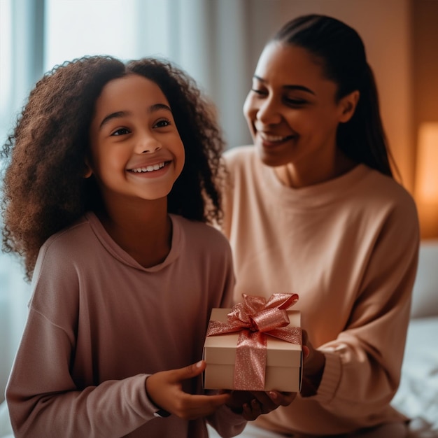 A mother give gift to her daughter