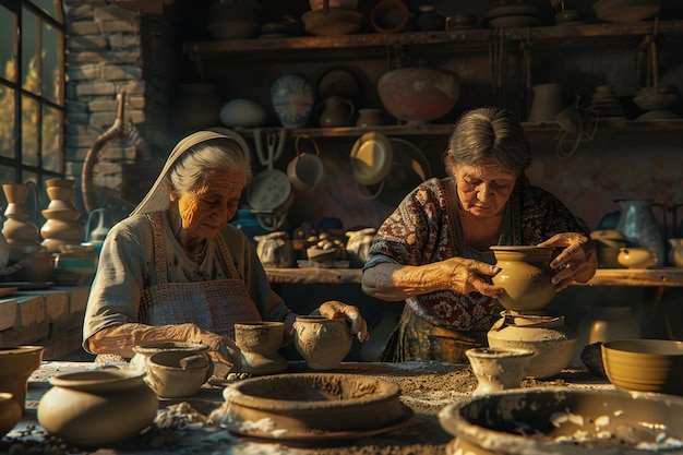 Photo mother and grandmother taking a potterymaking clas