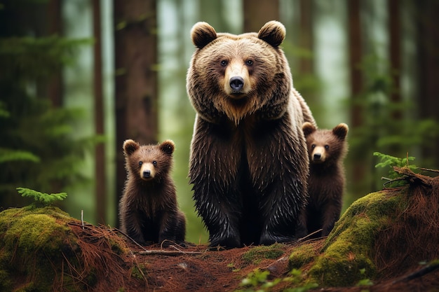 Мать-медведица гризли и детеныши в лесу