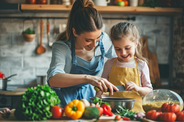 Photo mother having fun with daughter cooking in kitchen
