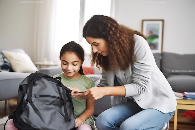 mother helping her child pack her child's school backpack in the living room at home