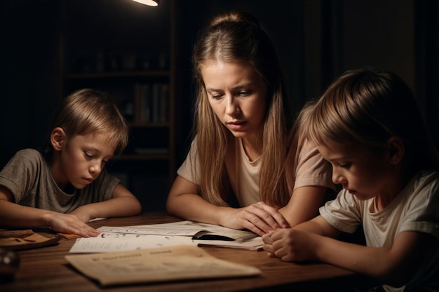 写真 母親が暗で夜に子供たちの宿題を手伝っている