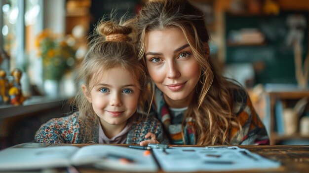 mother helping her daughter with homework at the dining table