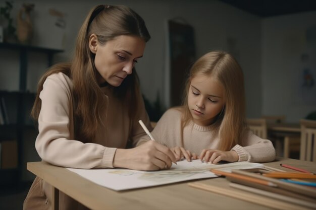 Photo mother helping her daughter with homework at home mother helping her daughter with homework generative ai