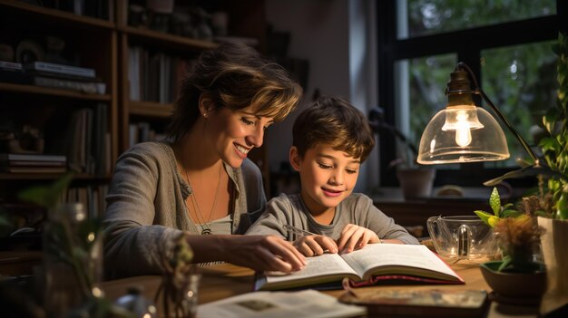 Mother helping her son with homework in kitchen Ai generative