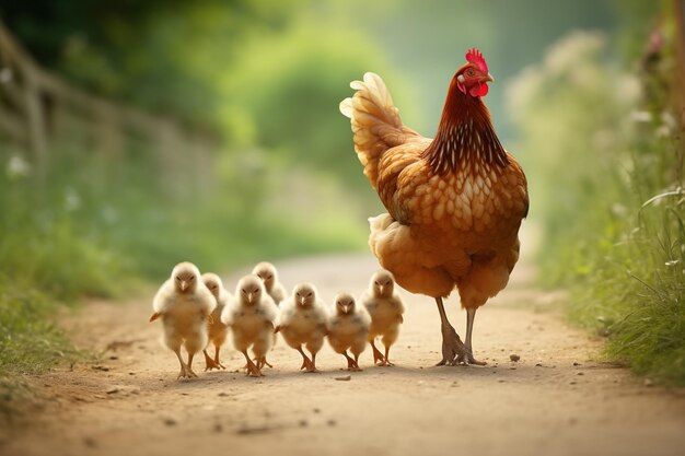 Foto la gallina madre guida i suoi pulcini attraverso il fienile ai generativa