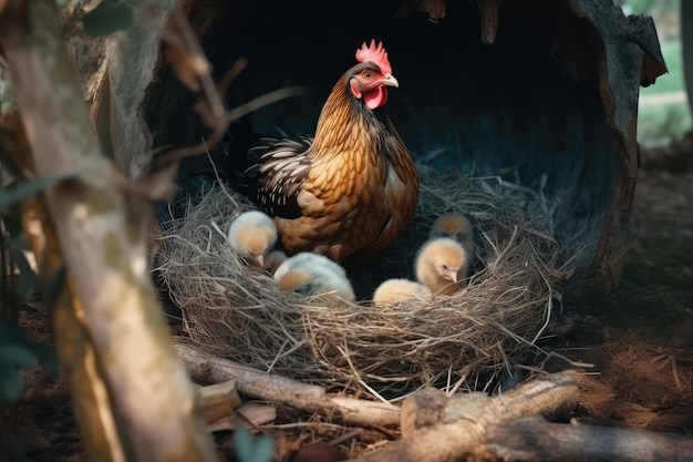 Photo mother hen sits in a nest with chickens ai generated