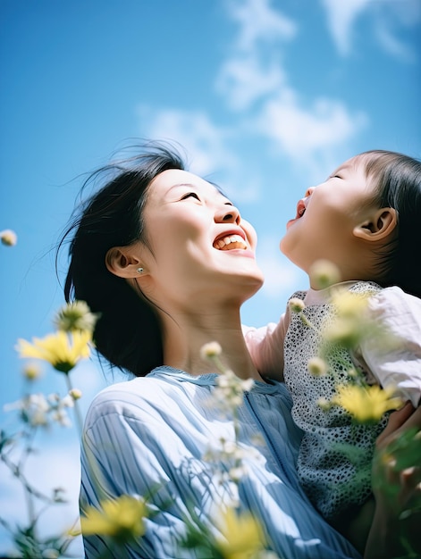 A mother and her baby are holding in the air and the sky is blue and white