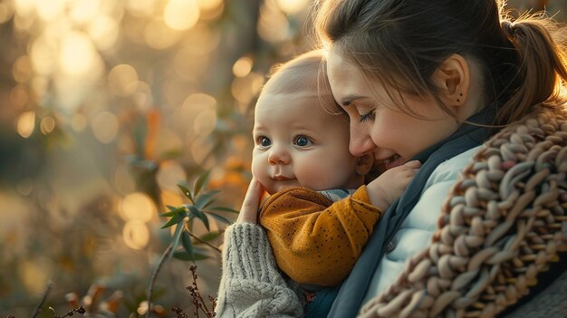 Photo a mother and her baby are looking at the sunset