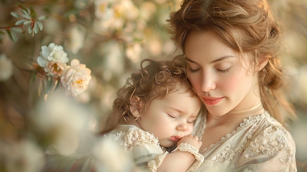 a mother and her baby are lying in a tree with flowers