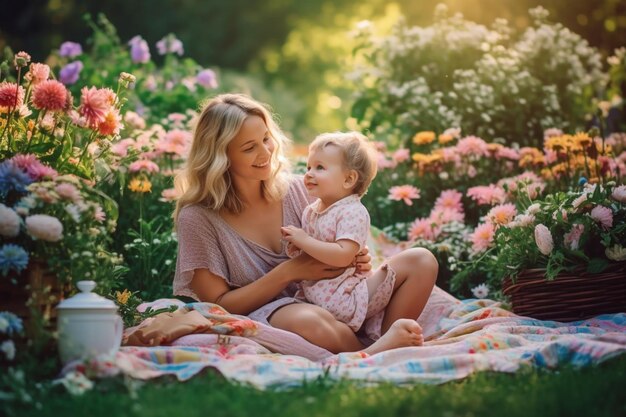 A mother and her baby are sitting on a blanket in a garden.