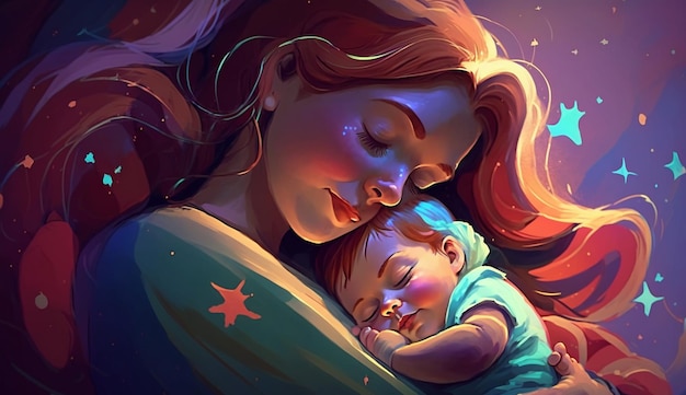 A mother and her baby are sleeping on a bed.