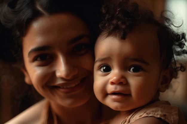 A mother and her baby are smiling at the camera.