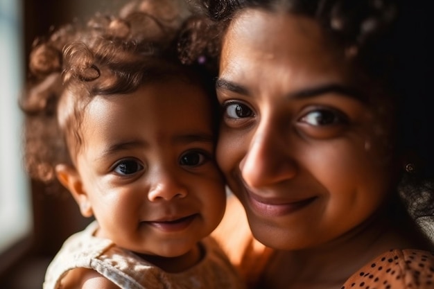 A mother and her baby are smiling at the camera.