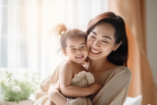 A mother and her baby are smiling and hugging each other