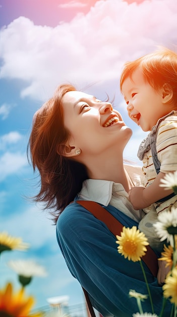 A mother and her baby are smiling and looking at the camera