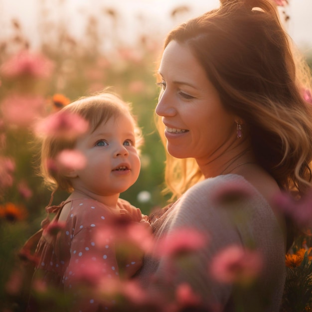 A mother and her baby are standing in a field of flowers.