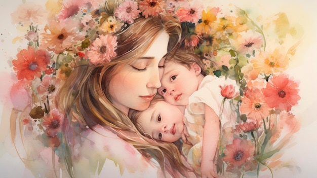 A mother and her baby are surrounded by flowers.