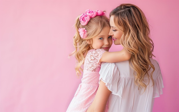 Mother and her baby hug happily on pink background Mothers Day concept