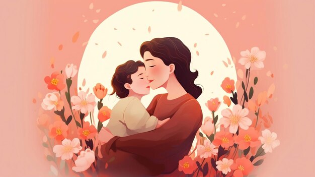 Photo a mother and her baby kiss in a flower garden.