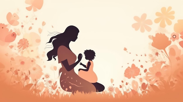 A mother and her baby sit in a field of flowers.