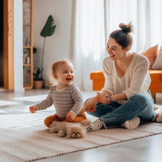 A mother and her baby sit on the floor and smile at the camera.