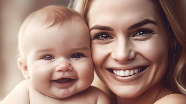 A mother and her baby smiling at the camera