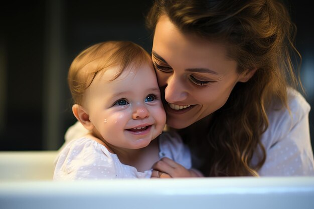 Mother and her baby taking a bath together