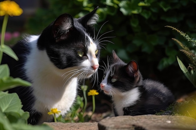 A mother and her black and white cat playing in the garden Generative AI