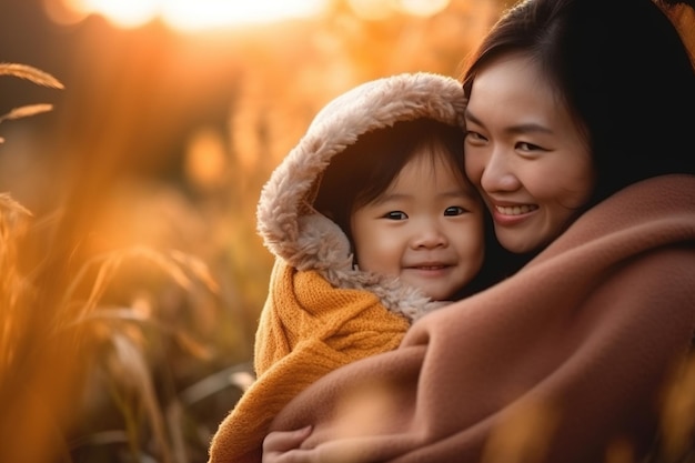 黄金色の小麦畑で母親と子供が抱き合っています。