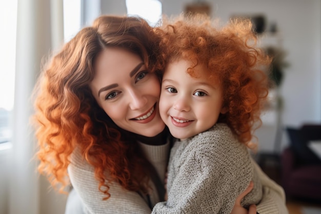 母親と子供が抱き合って微笑んでいます。