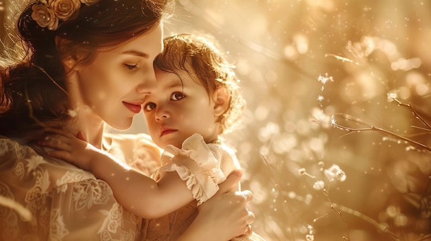 a mother and her child are kissing in the sunlight