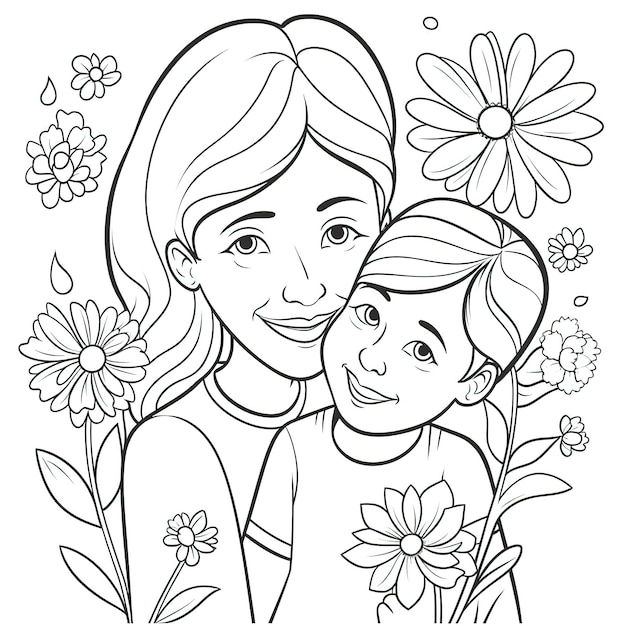 Foto una madre e suo figlio sorridono in un disegno di fiori in bianco e nero.