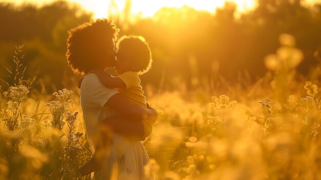 母と子は高い草の畑に立っています太陽が沈み空は暖かい金色です