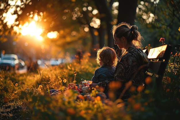 森のベンチで自然を楽しんでいる母親と子供