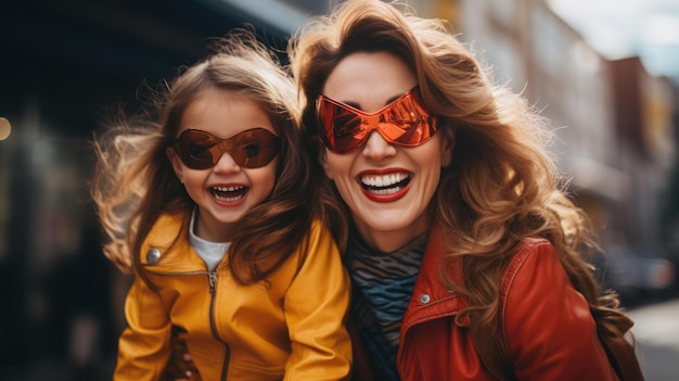 Mother and her child playing together Girl and mom in Superhero costume