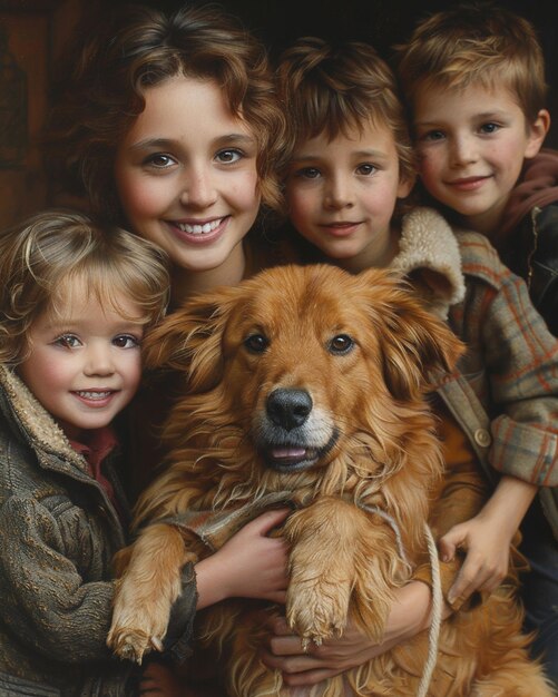 Photo a mother and her children at pet adoption background