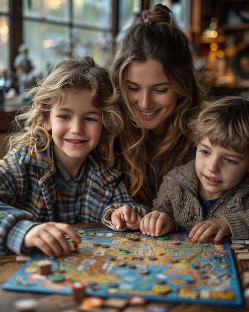 Foto una madre e i suoi figli giocano a giochi da tavolo