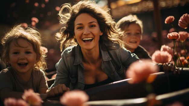 Foto una madre e i suoi figli trascorrono la giornata in sottofondo