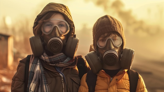 A mother and her children wear masks to protect themselves from air pollution Generative Ai