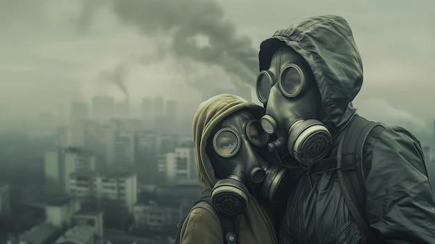 Foto una madre e i suoi figli indossano maschere per proteggersi dall'inquinamento atmosferico generative ai