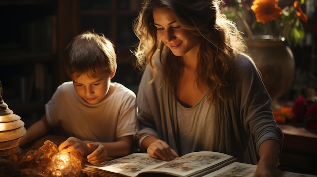 A Mother And Her Children Writing Wallpaper