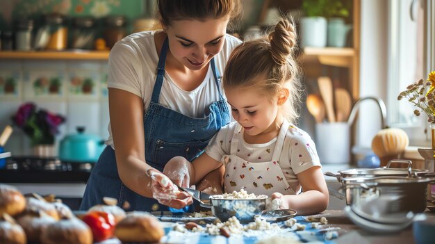 Foto una madre e sua figlia stanno cucinando insieme in cucina, entrambe indossano grembiuli e sorridono.