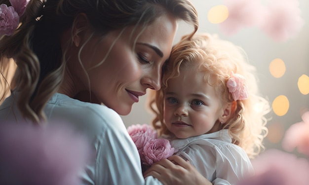 A mother and her daughter are holding a pink flower.